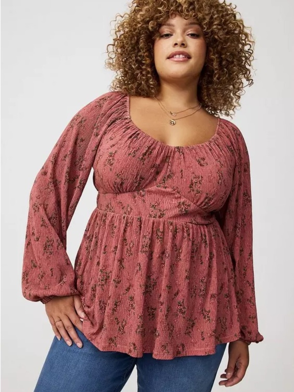Torrid Cinch Front Gauze Babydoll Top Size 00 (M/L 10) Rose Print Long Sleeve